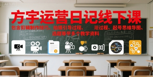 方宇运营日记线下课，包含剪辑制作技巧、拍摄引导过程、起号思维导图、选题等多个教学资料-淘米副业