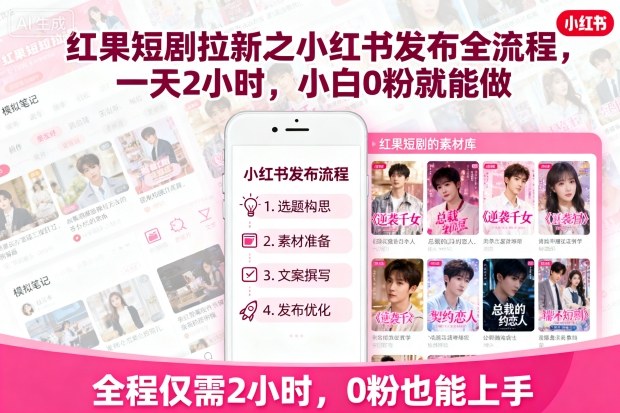 红果短剧拉新之小红书发布全流程，一天2小时，小白0粉就能做-淘米副业