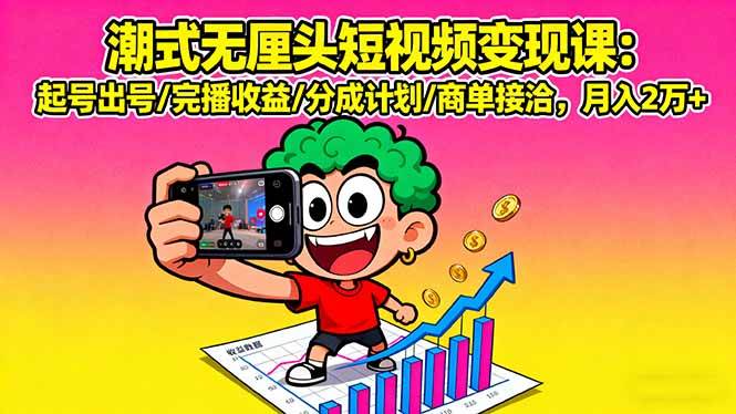 潮式无厘头短视频变现课：起号出号/完播收益/分成计划/商单接洽，月入2万+-淘米副业