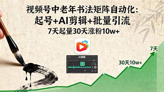 视频号中老年书法矩阵自动化：起号+AI剪辑+批量引流 7天起量30天涨粉10w+-淘米副业