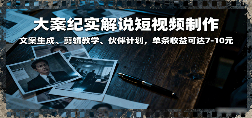 大案纪实解说短视频制作，文案生成、剪辑教学、伙伴计划，单条收益可达7-10元-淘米副业