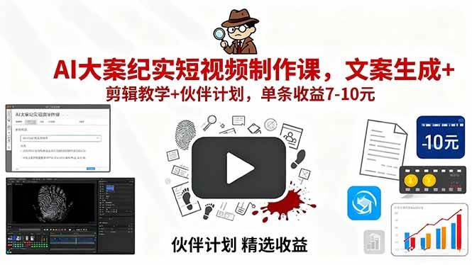 AI大案纪实短视频制作课，文案生成+剪辑教学+伙伴计划，单条收益7-10元-淘米副业
