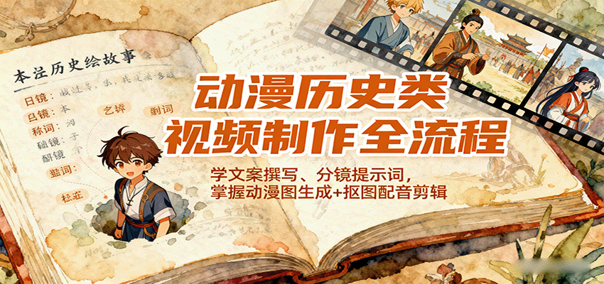 动漫历史类视频制作全流程，学文案撰写、分镜提示词，掌握动漫图生成+抠图配音剪辑-淘米副业