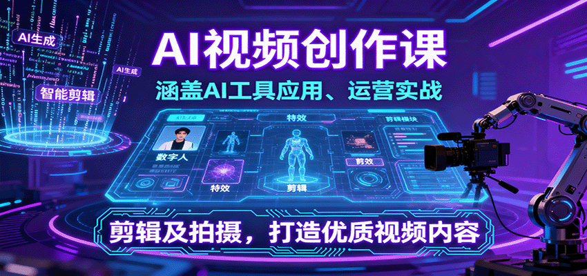 AI视频创作课，涵盖AI工具应用、运营实战、剪辑及拍摄，打造优质视频内容-淘米副业