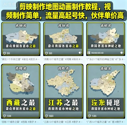 剪映制作地图动画制作教程，视频制作简单，流量高起号快，伙伴单价高-淘米副业