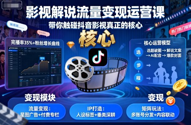 影视解说流量变现运营课，带你触碰抖音影视真正的核心-淘米副业