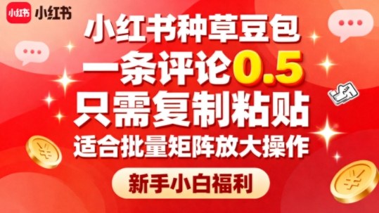小红书种草豆包，一条评论0.5，只需复制粘贴，适合批量矩阵放大操作，新手小白福利-淘米副业