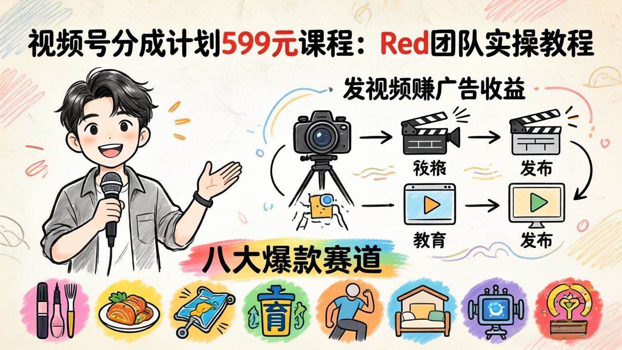 视频号分成计划599元课程：Red团队实操教程，发视频赚广告收益，八大爆款赛道全掌握-淘米副业
