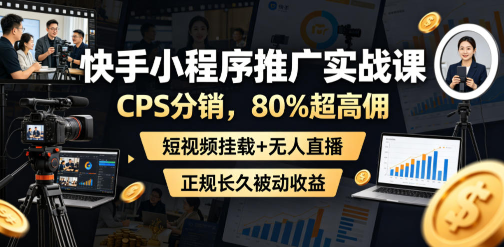 快手小程序推广实战课，CPS分销，80%超高佣，短视频挂载+无人直播，正规长久被动收益-淘米副业