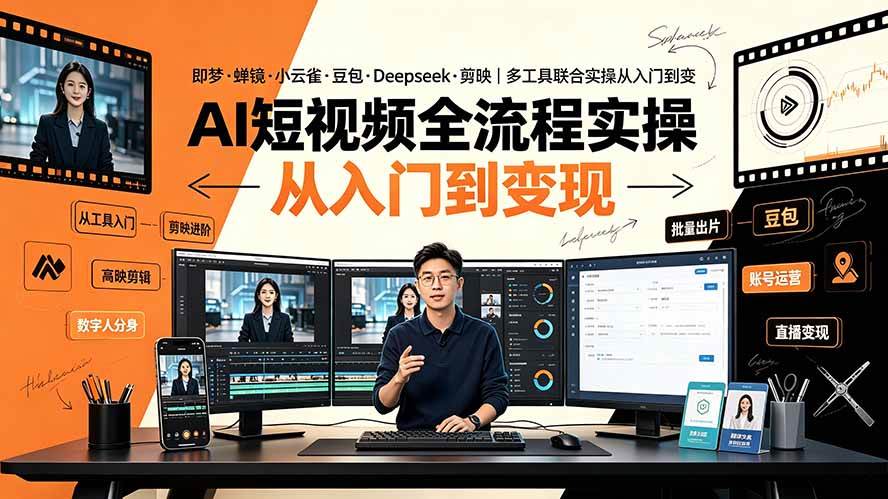AI短视频全流程实操：即梦·蝉镜·小云雀·豆包·Deepseek·剪映｜多工具联合实操从入门到变现-淘米副业
