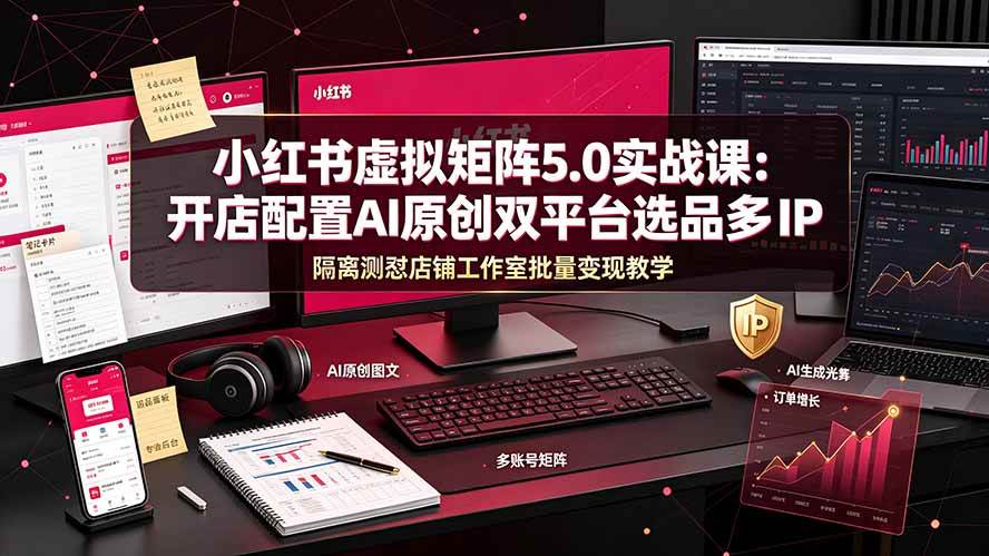 小红书虚拟矩阵5.0实战课：开店配置｜AI原创｜双平台选品｜多IP隔离｜测怼店铺工作室批量变现实操教学-淘米副业