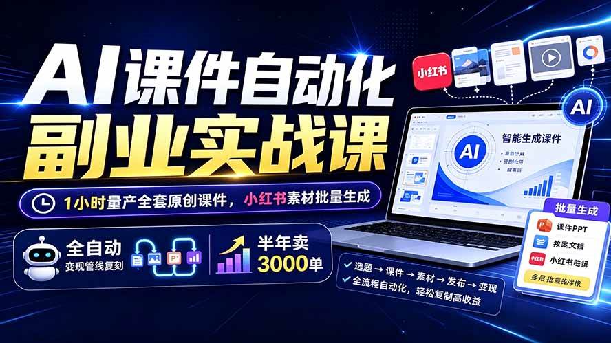 AI课件自动化副业实战课：1小时量产全套原创课件×小红书素材批量生成×全自动变现管线×半年卖3000单-淘米副业