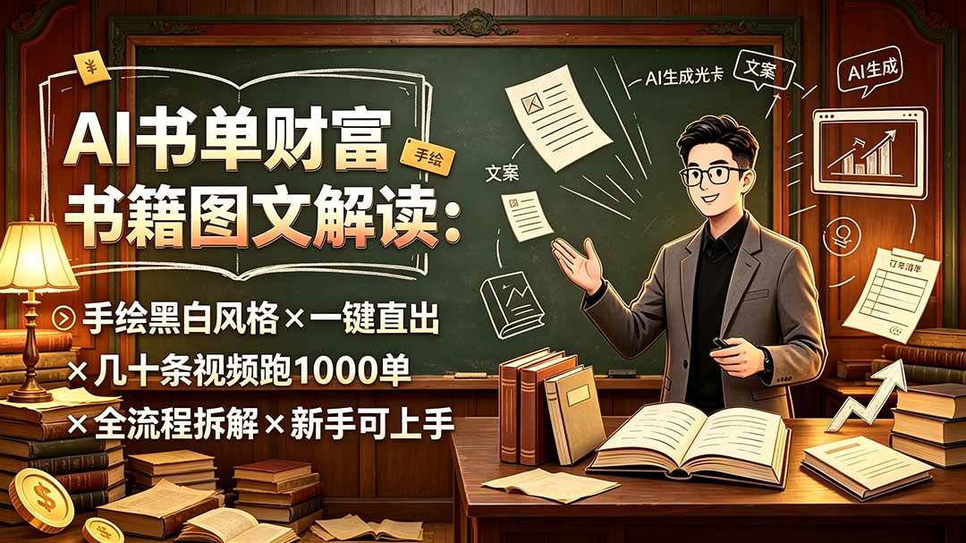 AI书单财富书籍图文解读：手绘黑白风格×一键直出×几十条视频跑1000单×全流程拆解×新手可上手-淘米副业