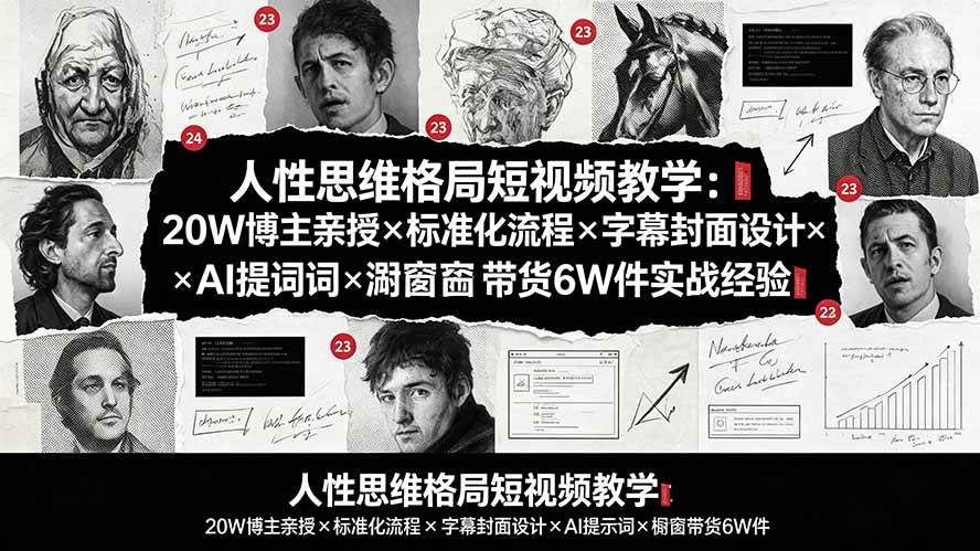 人性思维格局短视频教学：20W博主亲授×标准化流程×字幕封面设计×AI提示词×橱窗带货6W件实战经验-淘米副业