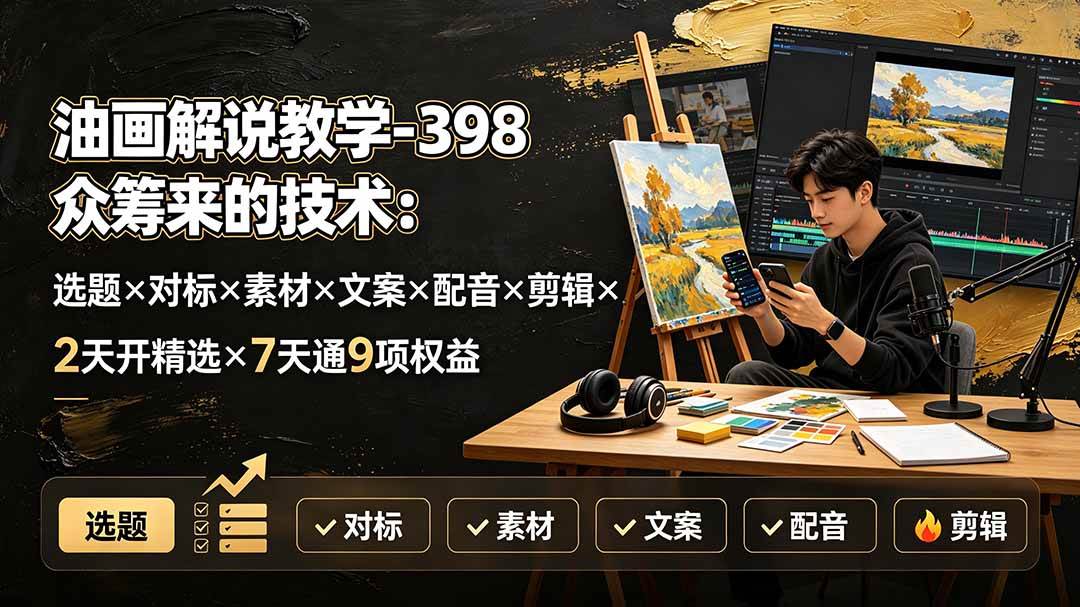 油画解说教学-398众筹来的技术-刯新：选题×对标×素材×文案×配音×剪辑×2天开精选×7天通9项权益-淘米副业