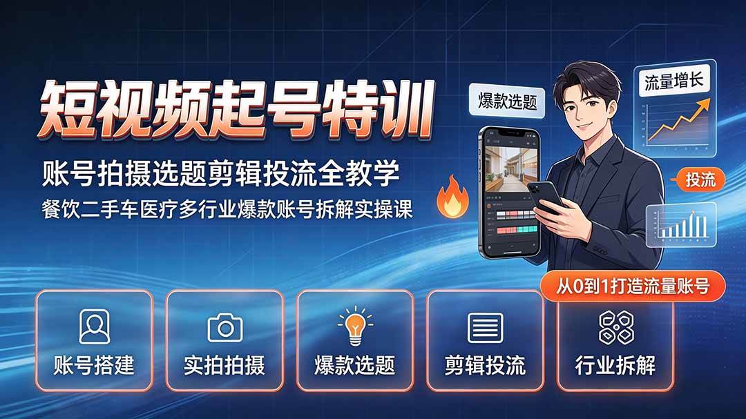 短视频起号特训｜账号拍摄选题剪辑投流全教学，餐饮二手车医疗多行业爆款账号拆解实操课-淘米副业