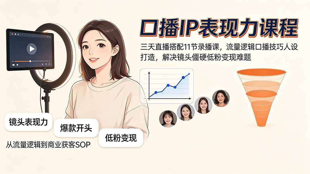 口播IP表现力课程｜三天直播搭配11节录播课，流量逻辑口播技巧人设打造，解决镜头僵硬低粉变现难题-淘米副业