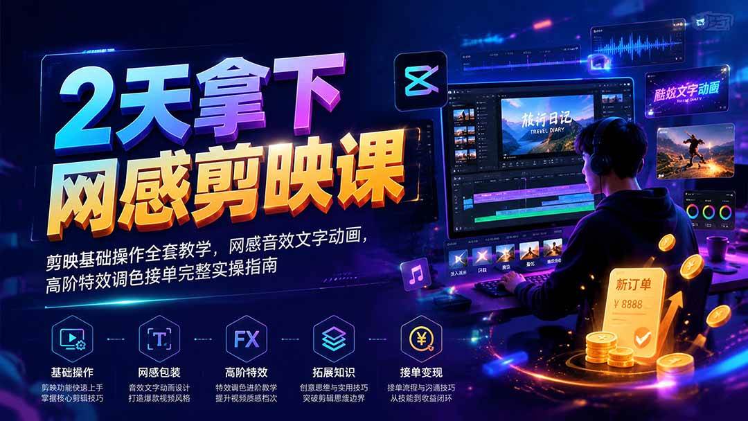 2天拿下网感剪辑课｜剪映基础操作全套教学，网感音效文字动画，高阶特效调色接单完整实操指南-淘米副业