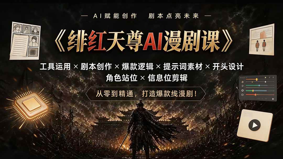 绯红天尊AI漫剧课｜工具运用×剧本创作×爆款逻辑×提示词素材×开头设计×角色站位×信息位剪辑-淘米副业