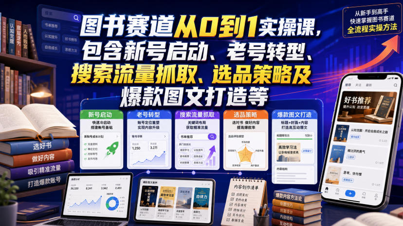 图书赛道从0到1实操课，包含新号启动、老号转型、搜索流量抓取、选品策略及爆款图文打造等-淘米副业
