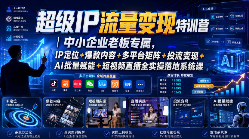超级IP流量变现特训营｜中小企业老板专属，IP定位+爆款内容+多平台矩阵+投流变现+AI批量赋能+短视频直播全实操落地系统课-淘米副业
