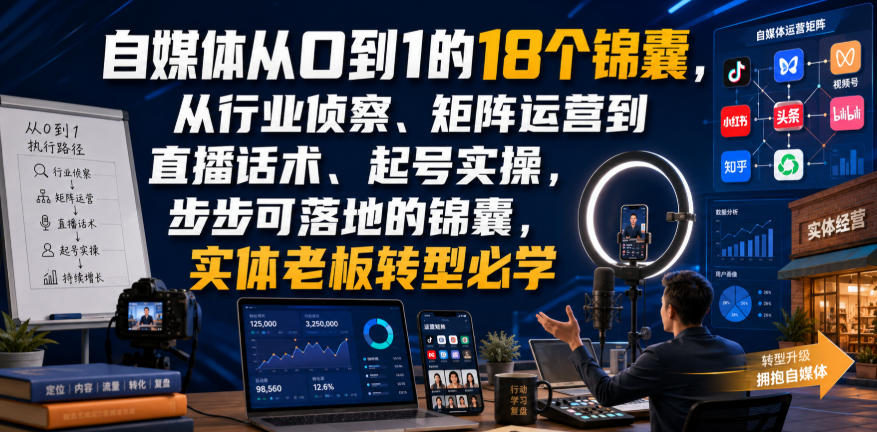 自媒体从0到1的18个锦囊，从行业侦察、矩阵运营到直播话术、起号实操，步步可落地的锦囊，实体老板转型必学-淘米副业