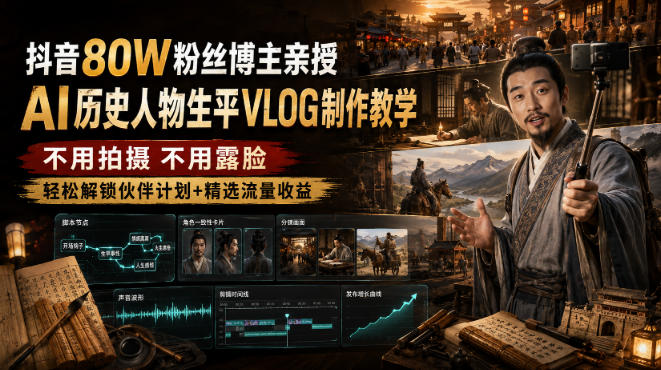 抖音80W粉丝博主的AI历史人物生平VLOG教学，不用拍摄不用露脸，AI帮你搞定，轻松解锁伙伴计划+精选收益-淘米副业