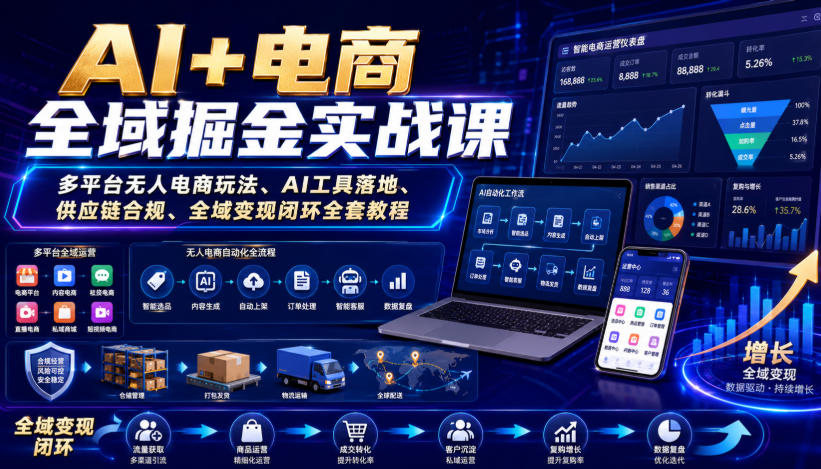 AI+电商全域掘金实战课｜多平台无人电商玩法、AI工具落地、供应链合规、全域变现闭环全套教程-淘米副业