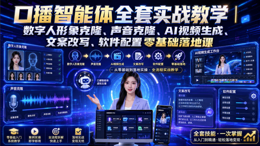 口播智能体全套实战教学｜数字人形象克隆、声音克隆、AI视频生成、文案改写、软件配置零基础落地课-淘米副业