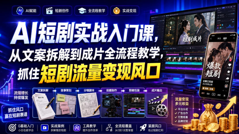 AI短剧实战入门课，从文案拆解到成片全流程教学，抓住短剧流量变现风口-淘米副业
