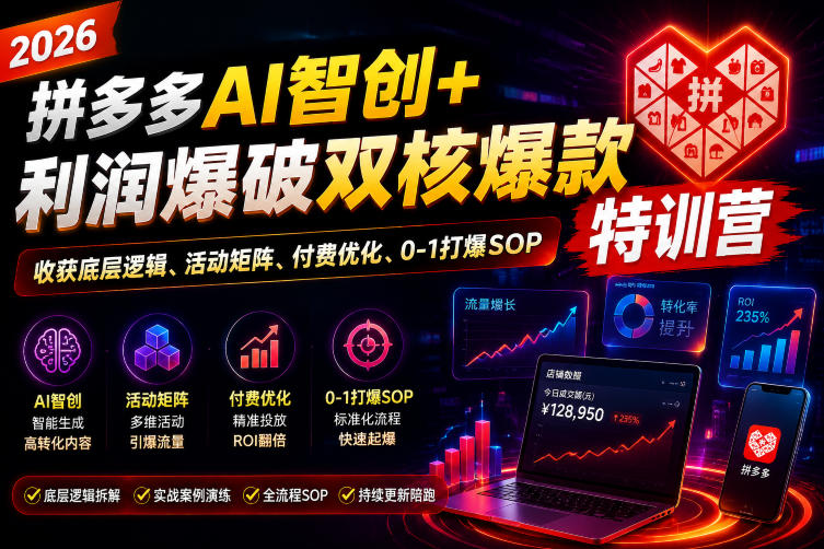 2026拼多多AI智创+利润爆破双核爆款特训营，收获底层逻辑、活动矩阵、付费优化、0-1打爆SOP-淘米副业