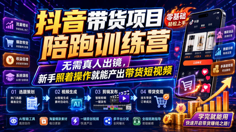抖音带货项目陪跑训练营，无需真人出镜，新手照着操作就能产出带货短视频-淘米副业