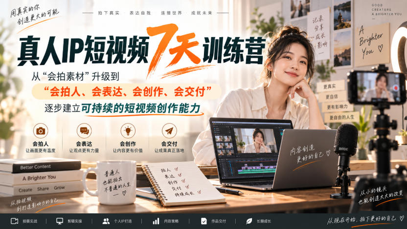 真人IP短视频7天训练营，从“会拍素材”升级到“会拍人、会表达、会创作、会交付”，逐步建立可持续的短视频创作能力-淘米副业