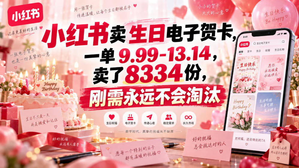 小红书卖生日电子贺卡，一单9.99-13.14，卖了8334份，刚需永远不会淘汰-淘米副业