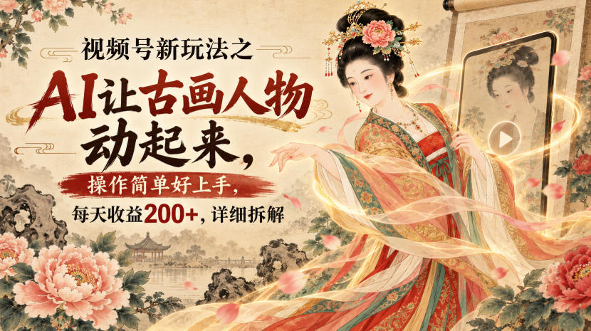 视频号新玩法之AI让古画人物动起来，操作简单好上手，每天收益200+，详细拆解-淘米副业