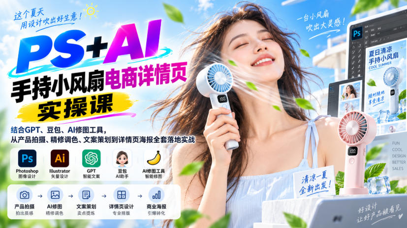 PS+AI手持小风扇电商详情页实操课｜结合GPT、豆包、AI修图工具，从产品拍摄、精修调色、文案策划到详情页海报全套落地实战-淘米副业