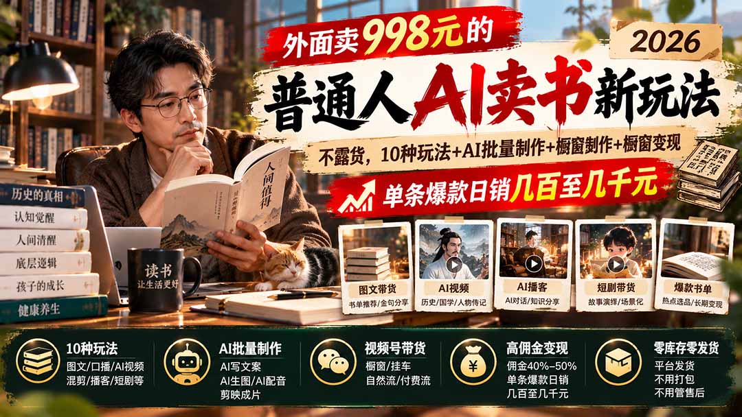 外面卖998元的2026普通人AI卖书新玩法：不露脸、不囤货，10种玩法+AI批量制作+橱窗变现，单条爆款日销几百至几千元-淘米副业