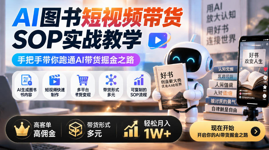 AI图书短视频带货SOP实战教学，手把手带你跑通AI带货掘金之路，高客单高佣金，带货形式多元，轻松月入1W+-淘米副业