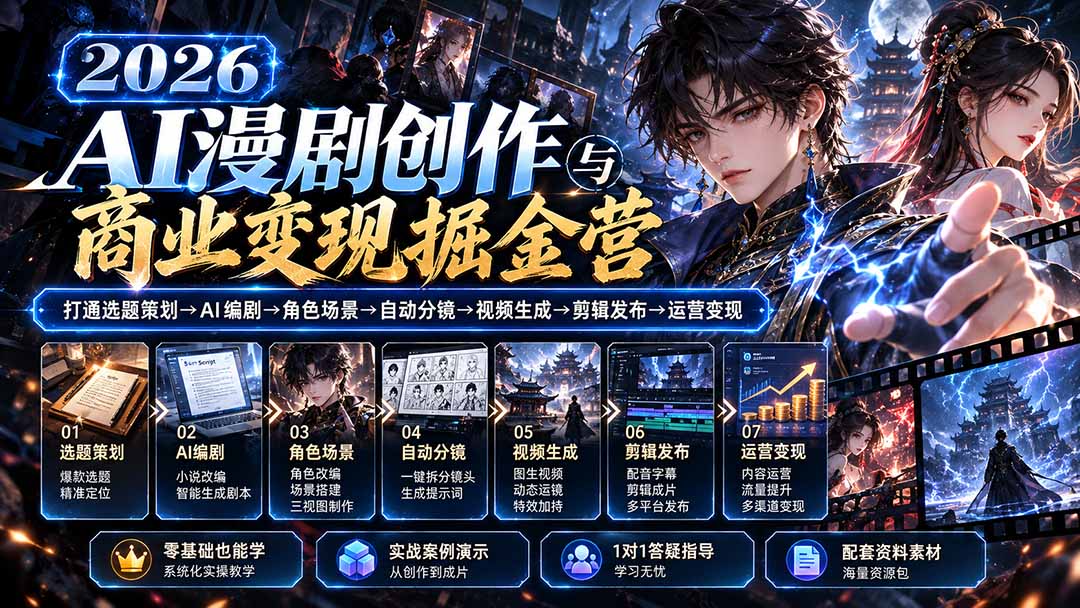 【无水印】2026AI漫剧创作与商业变现掘金营:打通选题→AI编剧→角色场景→自动分镜→视频生成→剪辑发布→运营变现 【无水印】2026AI漫剧创作与商业变现掘金营:打通选题→AI编剧→角色场景→自动分镜→视频生成→剪辑发布→运营变现