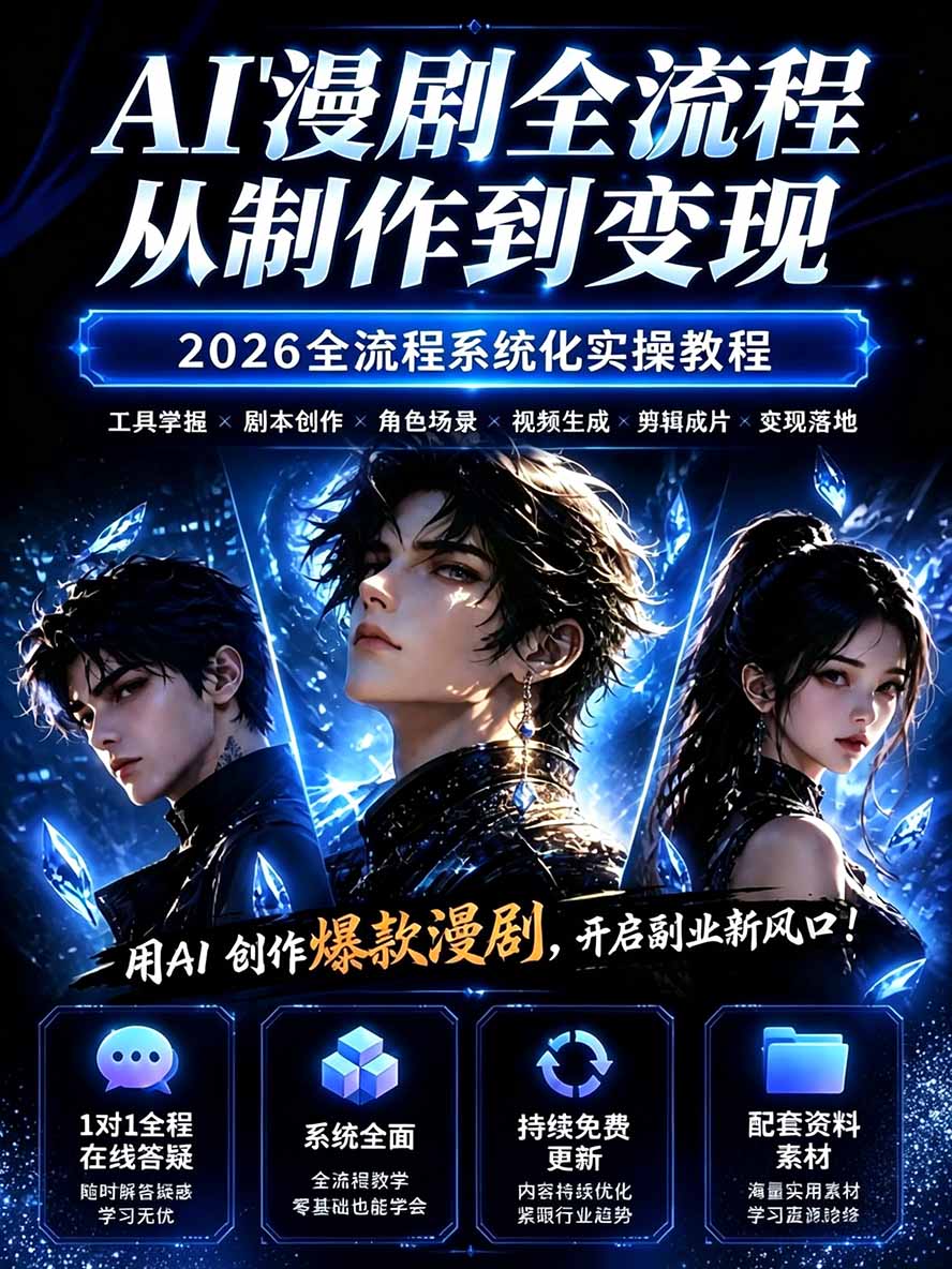 【无水印】2026AI漫剧创作与商业变现掘金营:打通选题→AI编剧→角色场景→自动分镜→视频生成→剪辑发布→运营变现 【无水印】2026AI漫剧创作与商业变现掘金营:打通选题→AI编剧→角色场景→自动分镜→视频生成→剪辑发布→运营变现