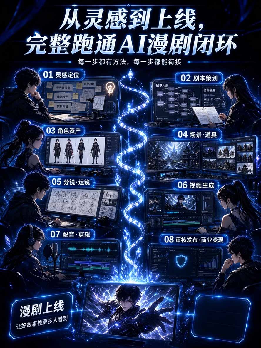 【无水印】2026AI漫剧创作与商业变现掘金营:打通选题→AI编剧→角色场景→自动分镜→视频生成→剪辑发布→运营变现 【无水印】2026AI漫剧创作与商业变现掘金营:打通选题→AI编剧→角色场景→自动分镜→视频生成→剪辑发布→运营变现