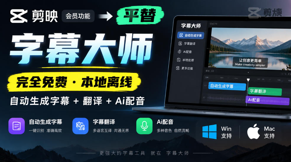 剪映会员功能平替，字幕大师完全免费本地离线，支持自动生成字幕+翻译+Ai配音，Win和Mac都支持！-淘米副业