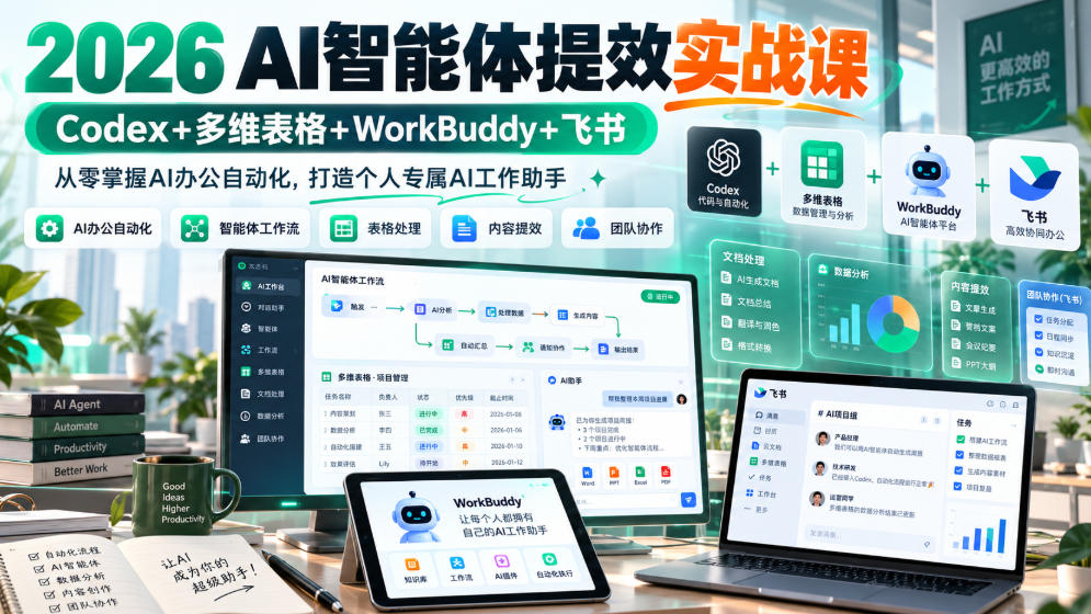 2026 AI智能体提效实战课：Codex+多维表格+WorkBuddy+飞书，从零掌握AI办公自动化，打造个人专属AI工作助手-淘米副业